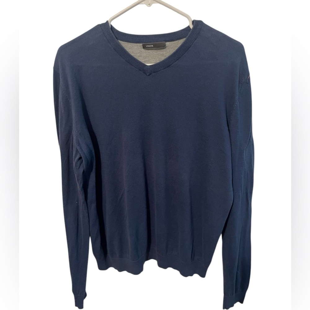 VINCE Cotton Colorblock V-Neck Sweater in Navy & Heather Gray Size SMALL $295